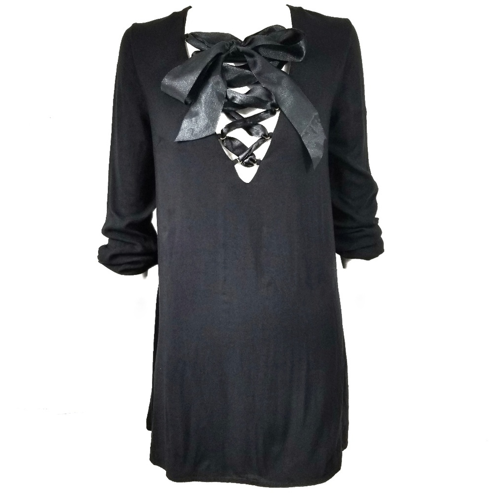 Tobi Lace Up V-Neck Dress Black Size XS 1/2 Sleeve